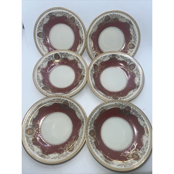 SIX Meito MANDARIN Maroon Red Gold Ivory RIMMED BERRY BOWLS Occ. Japan PERFECT! - Picture 1 of 11